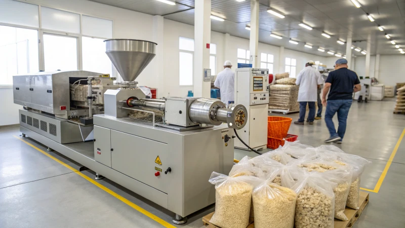 Eine moderne Lebensmittelproduktionsanlage mit Extrudern in Aktion