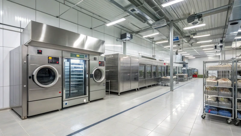 A bright and clean modern food processing facility with large industrial machinery.