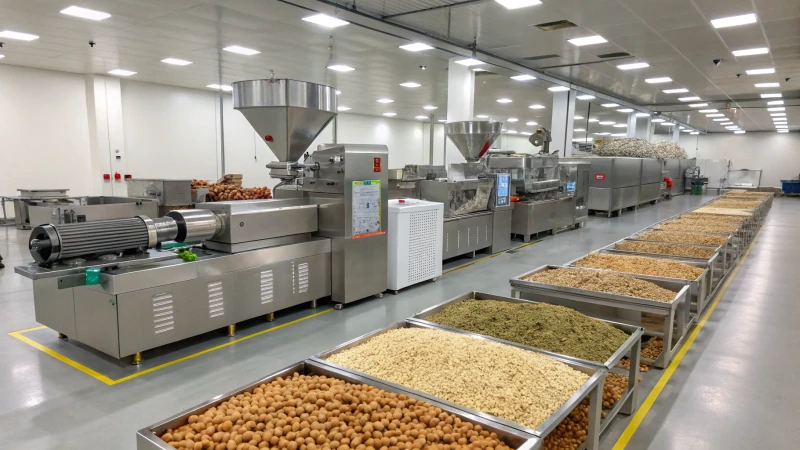 Interior de una moderna instalación de procesamiento de alimentos con extrusoras