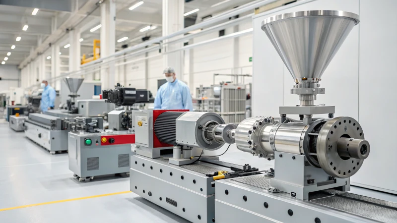 A modern industrial extruder machine in a manufacturing facility