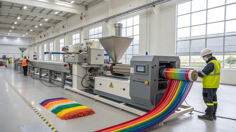 A modern industrial extruder machine in operation with colorful raw materials and a finished product.