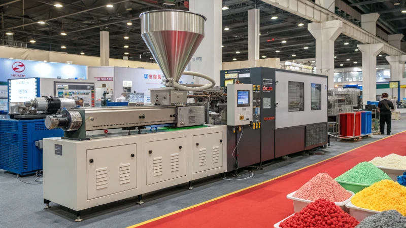 A modern industrial extruder machine in a manufacturing plant