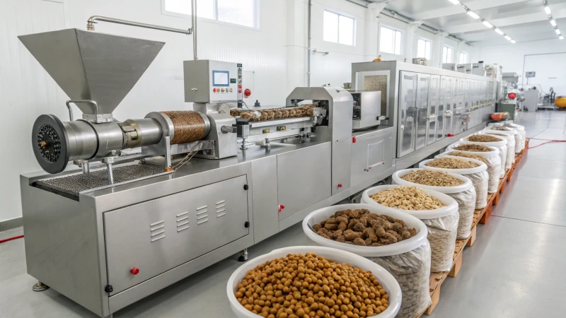 A modern industrial extruder machine in a pet food factory