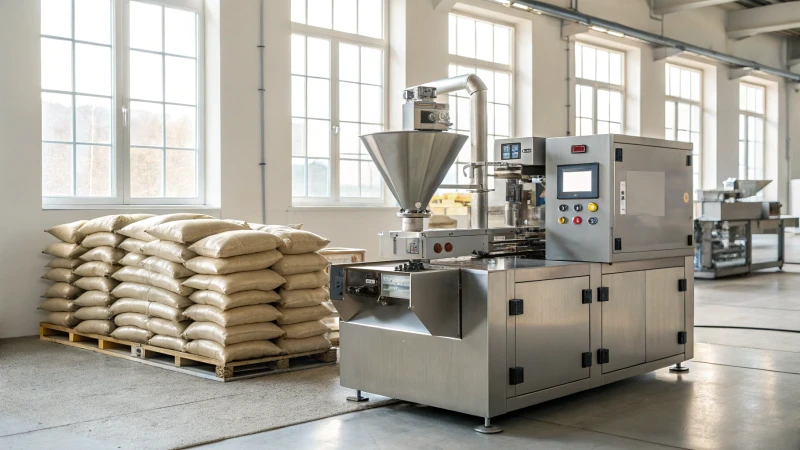 A sleek industrial extruder machine in a bright factory setting.