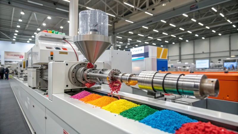 Twin-screw extruder processing colorful materials in a manufacturing facility.