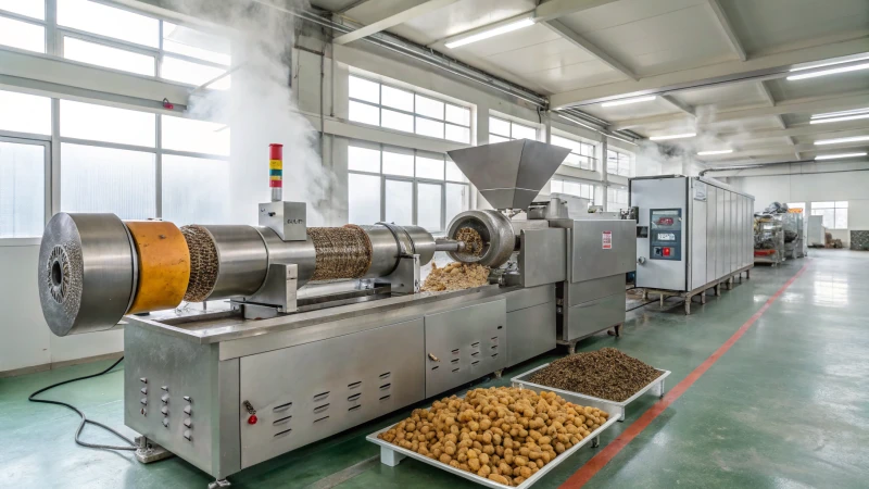 A large stainless steel extruder in a clean factory setting