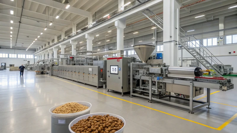 A modern industrial facility for pet food production featuring advanced machinery.