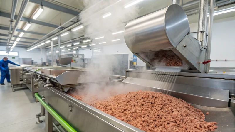 Industrial pre-conditioner in a pet food factory with steam rising from ingredients