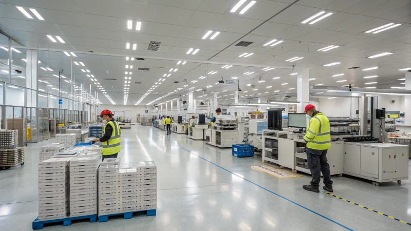 Interior of a modern manufacturing facility with workers and machinery