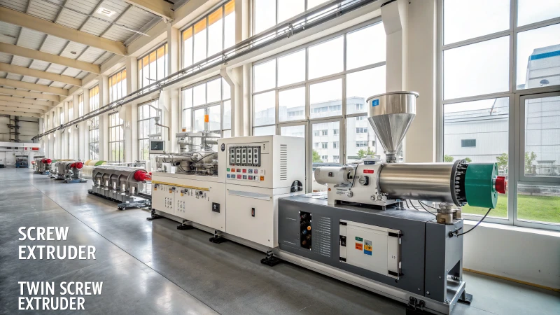 A modern manufacturing facility with single and twin screw extruders under natural light.