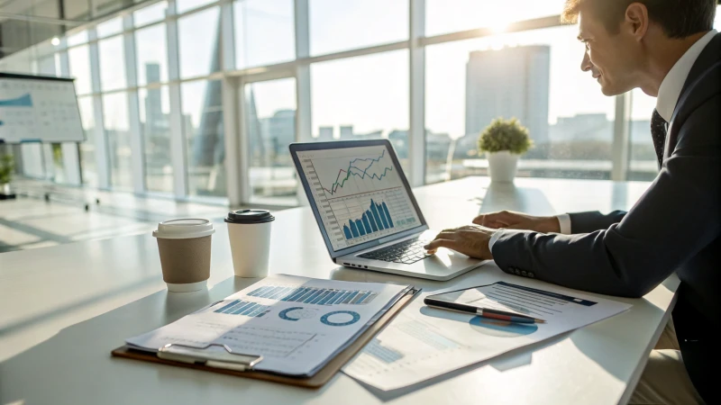 Business professional analyzing charts on a laptop in a modern office