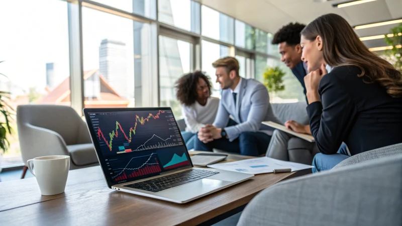 A diverse group of business professionals collaborating around a laptop in a modern office.