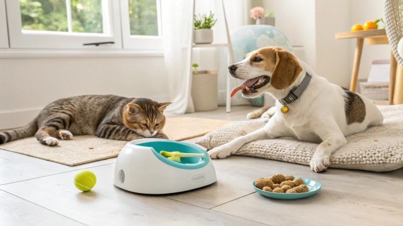 A modern pet care scene featuring a dog and cat with innovative pet products.