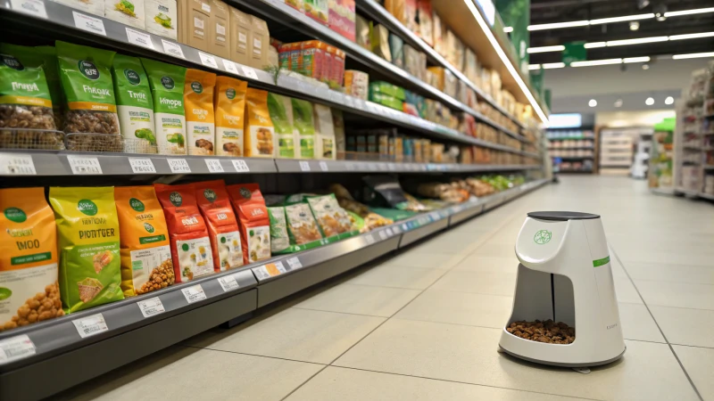 A modern pet food aisle with eco-friendly packaging and an automatic pet feeder