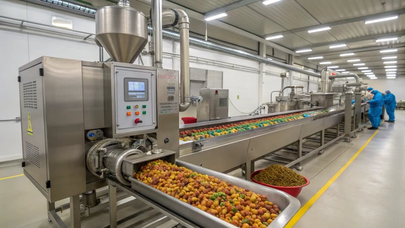 A modern pet food extruder in a factory setting with colorful pellets