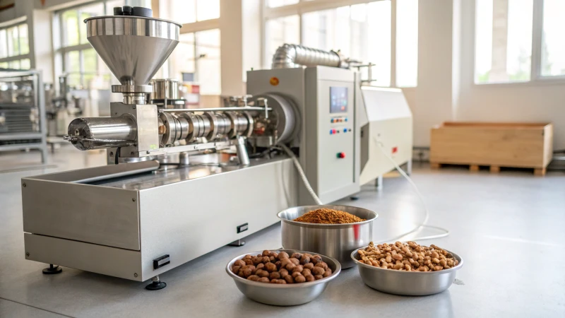 A modern pet food extruder machine in an industrial setting