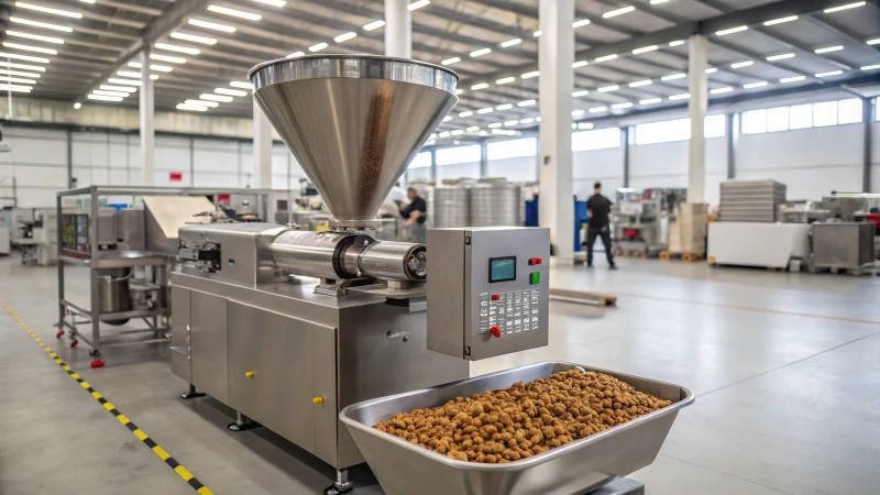 A modern stainless steel pet food extruder machine in an industrial setting