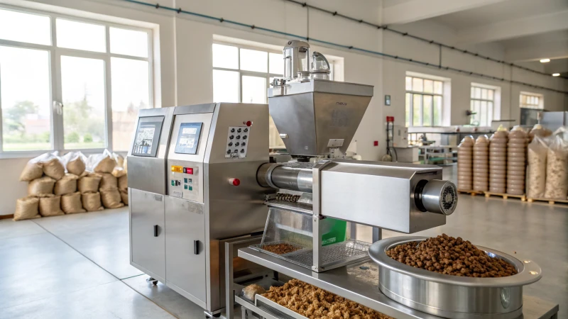 A photorealistic image of a pet food extruder machine in an industrial factory setting