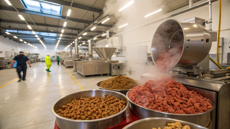 Interior view of a pet food extrusion facility with industrial machines