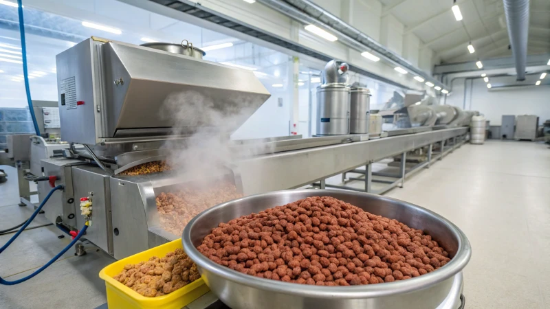 A modern pet food extrusion facility with stainless steel machines and kibble on a conveyor belt.