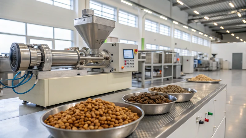 A high-tech pet food extrusion facility with machinery processing kibble ingredients.