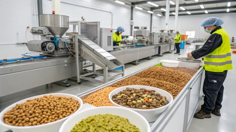 A modern pet food extrusion facility with high-tech machinery and staff in safety gear.