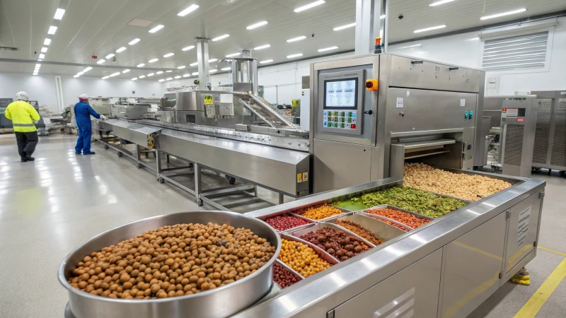 A modern pet food extrusion machine in a manufacturing facility