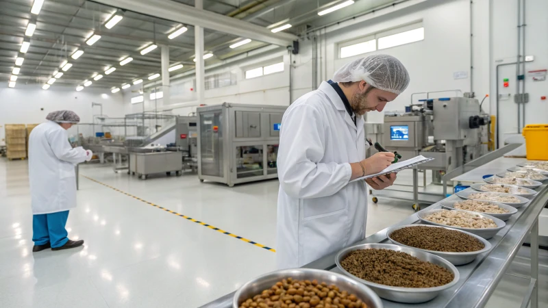 Workers inspecting pet food ingredients in a modern facility