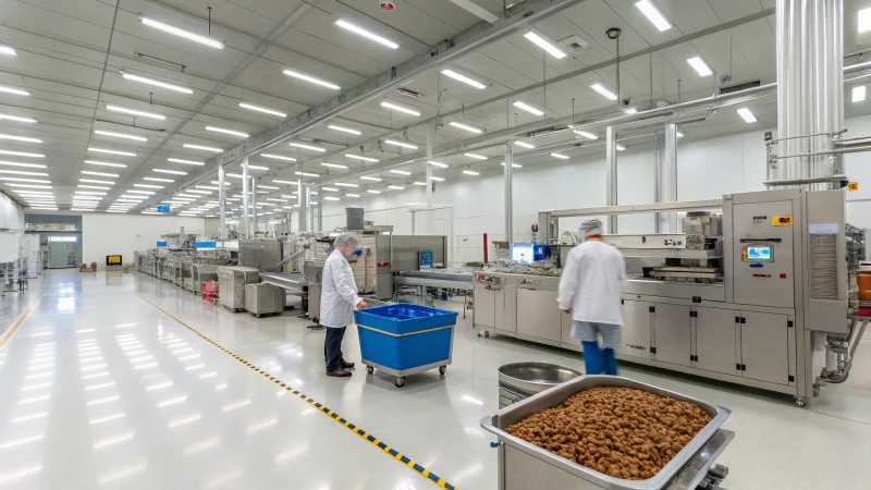 Interior of a modern pet food manufacturing facility with machinery and workers