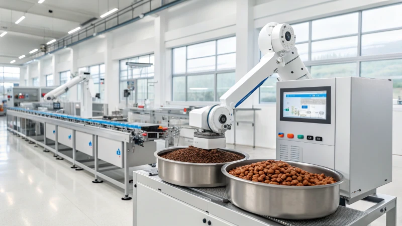 A modern pet food manufacturing facility with advanced machinery