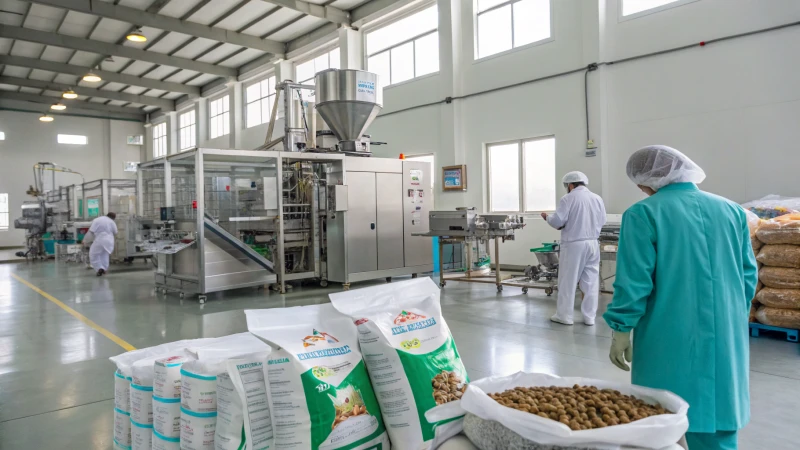 Interior of a modern pet food manufacturing facility with workers and machinery