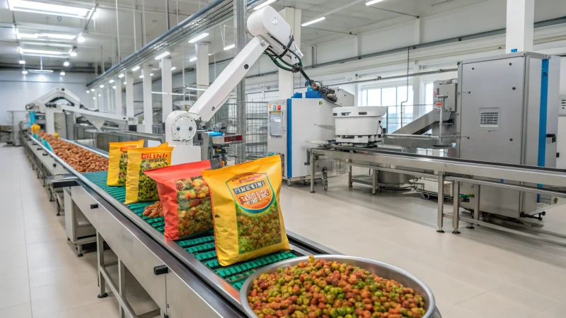 A modern pet food manufacturing facility with automation