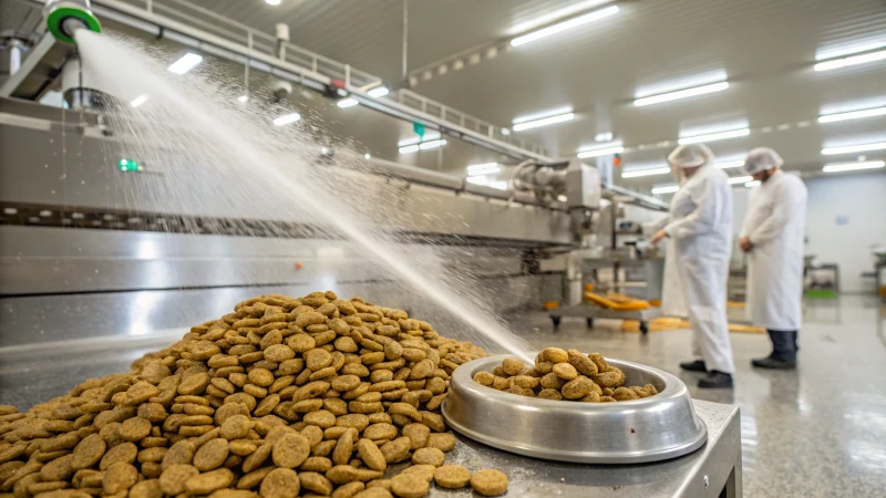 Interior of a modern pet food manufacturing facility with kibble production.