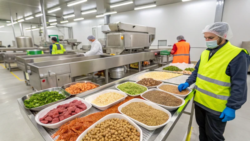 A modern pet food manufacturing facility with workers and machinery