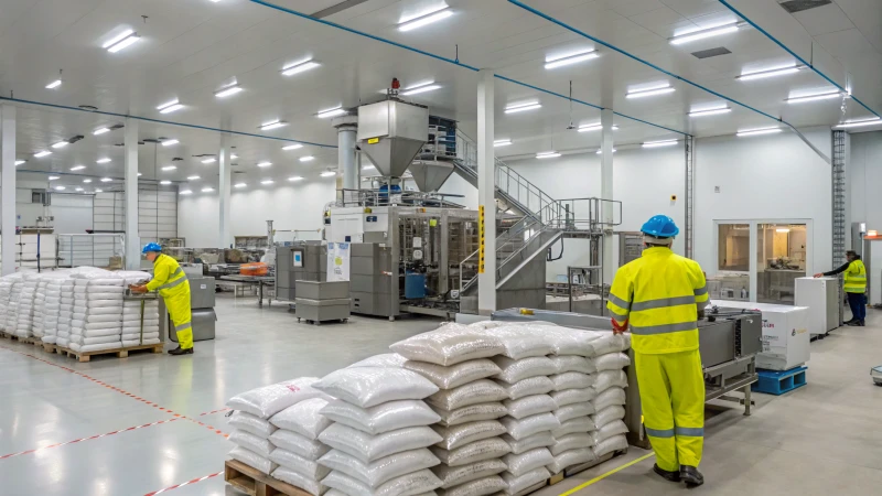 A modern pet food manufacturing facility with large machinery and workers in safety uniforms.