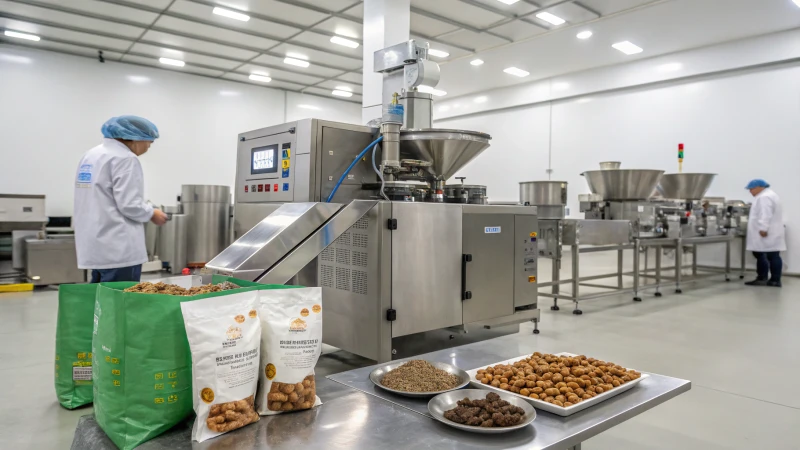 A stainless steel pet food processing machine in a clean factory