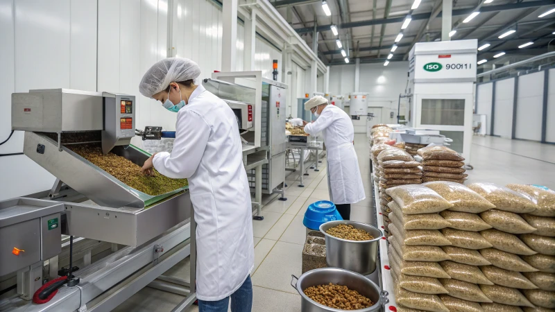 Workers in a pet food production facility inspecting ingredients.