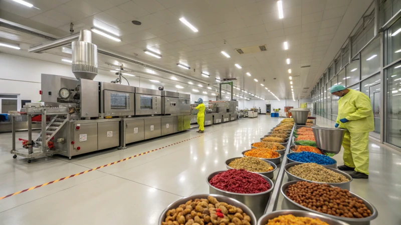 A modern pet food production facility with extrusion machines and colorful pellets.