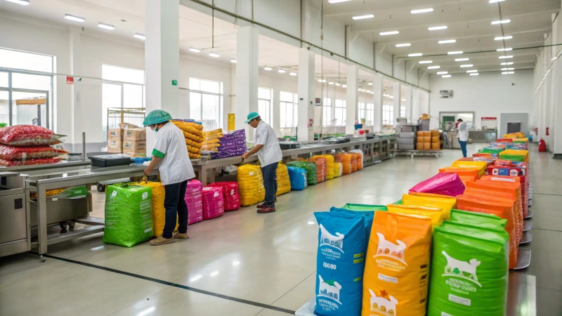 Uma moderna instalação de produção de alimentos para animais de companhia com trabalhadores a gerir a linha de produção.