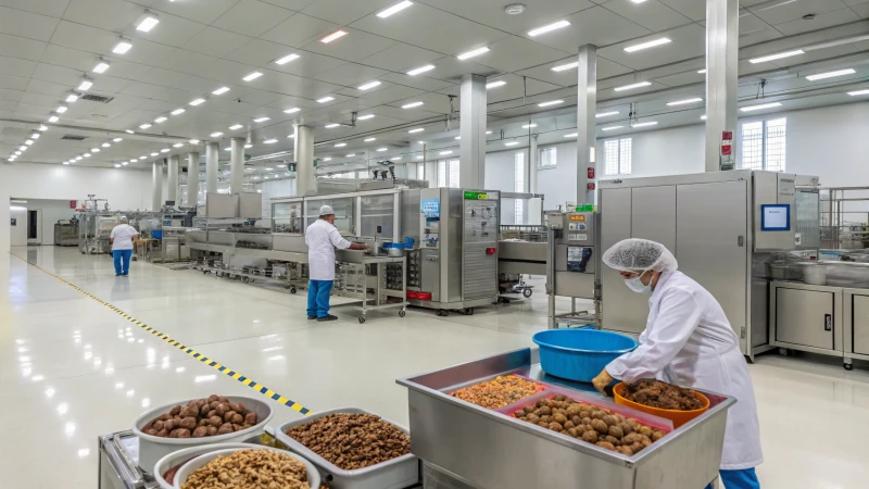 Interior de uma moderna unidade de produção de alimentos para animais de estimação, com máquinas e produtos.