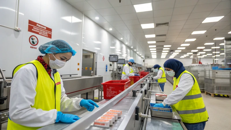 A modern pet food production line with workers in safety gear