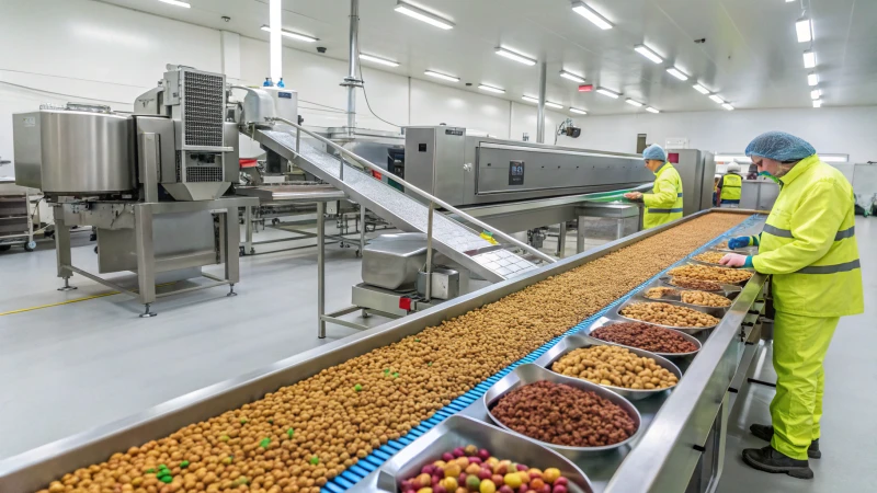 A modern pet food production line with machinery and workers