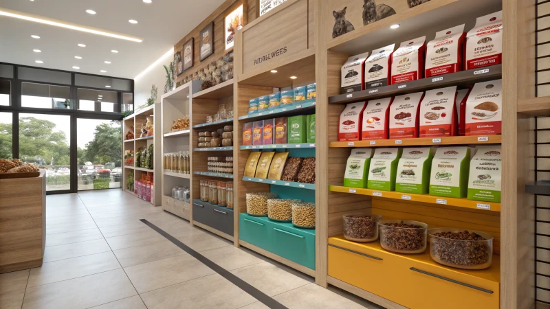 Interior of a modern pet food store with colorful shelves