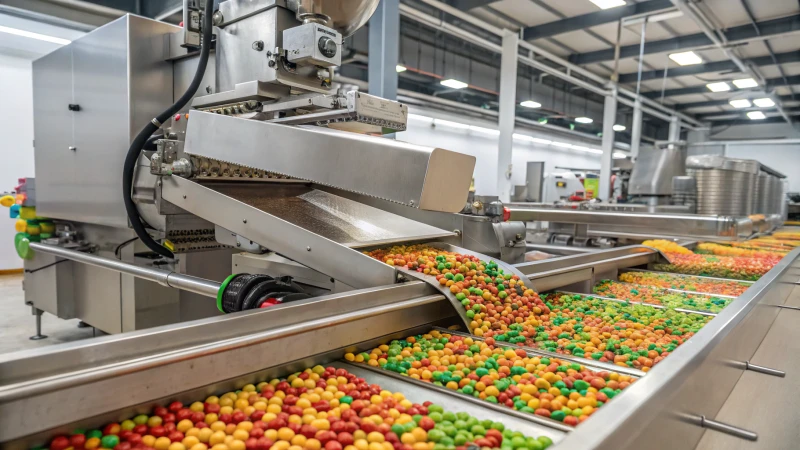 A high-tech snack production facility with an extrusion machine