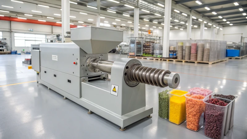 Une extrudeuse moderne à double vis dans une usine industrielle avec des matières premières colorées.