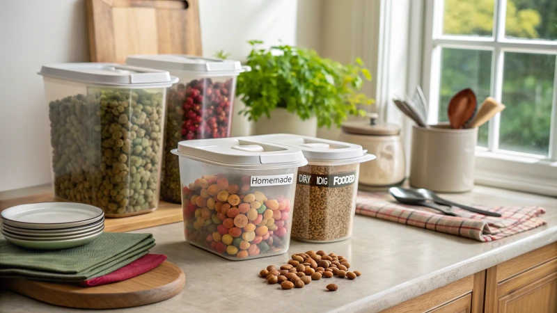 A kitchen countertop with airtight containers of dog food