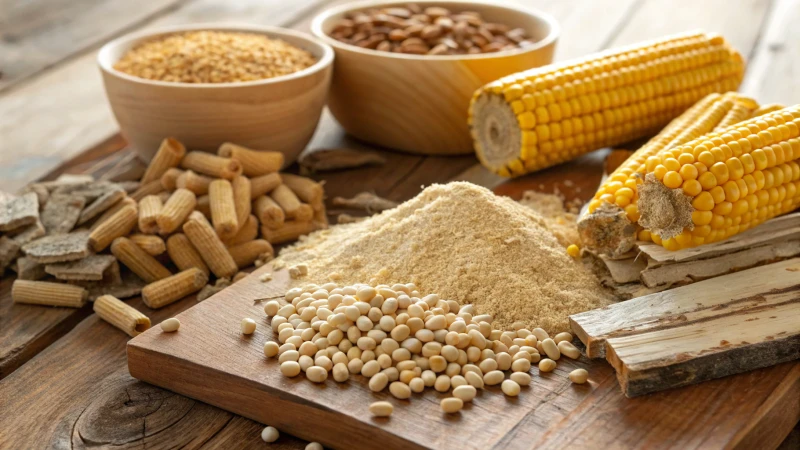 An arrangement of raw materials for pelleting processes on a wooden table.