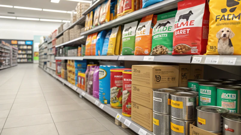 A well-lit aisle in a pet store showcasing various dog food packages