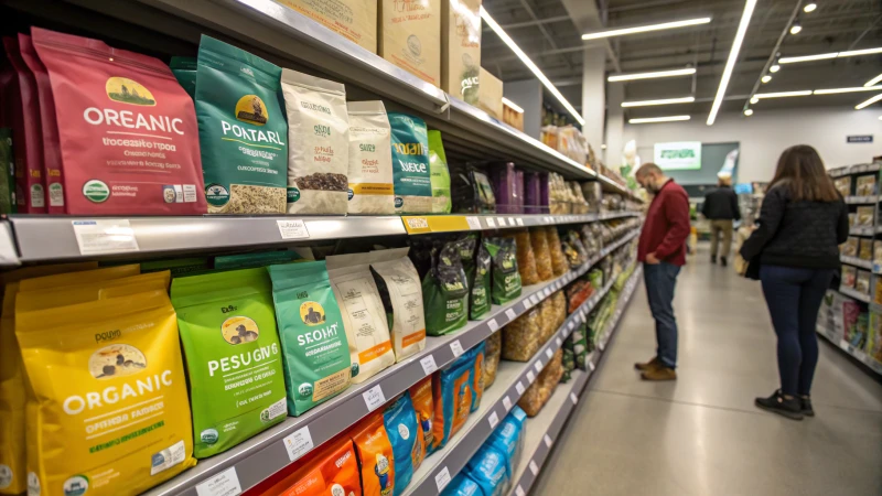 Well-organized pet food aisle with various brands and colorful packaging