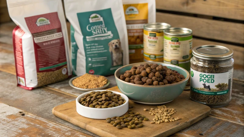 Assorted pet food products on a wooden table